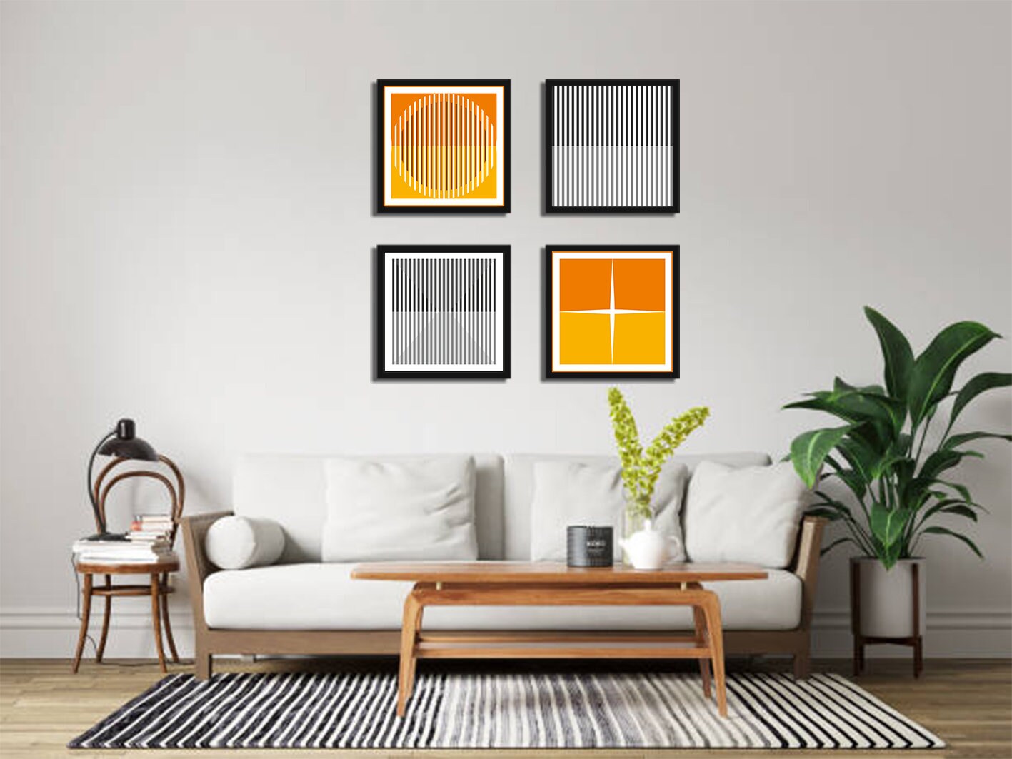 Digital Grey and Orange Line Art - Set of 4 Artwork - Instant Digital Download for Wall Print, Wall Art, Paintings, Modern Art