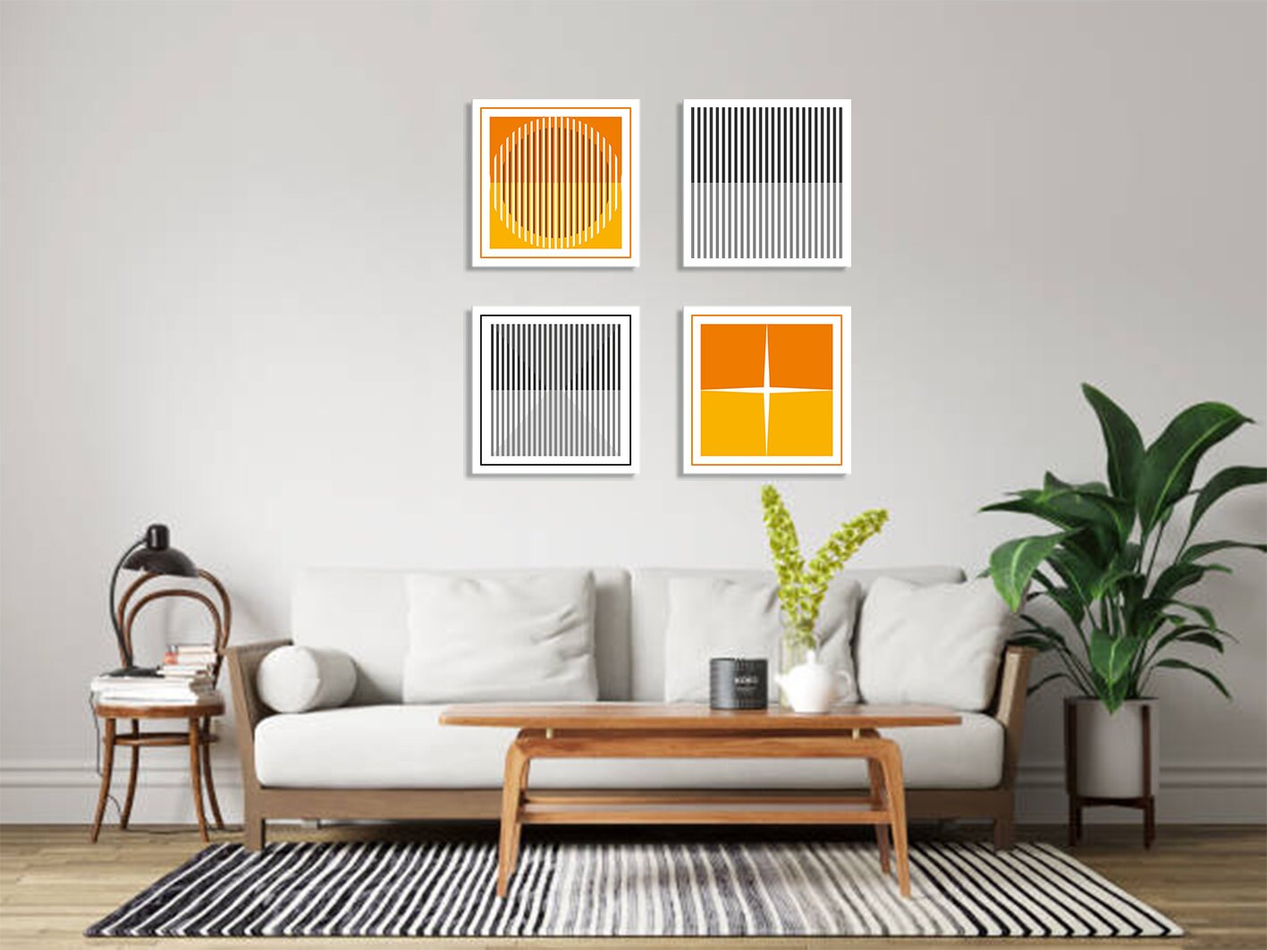 Digital Grey and Orange Line Art - Set of 4 Artwork - Instant Digital Download for Wall Print, Wall Art, Paintings, Modern Art